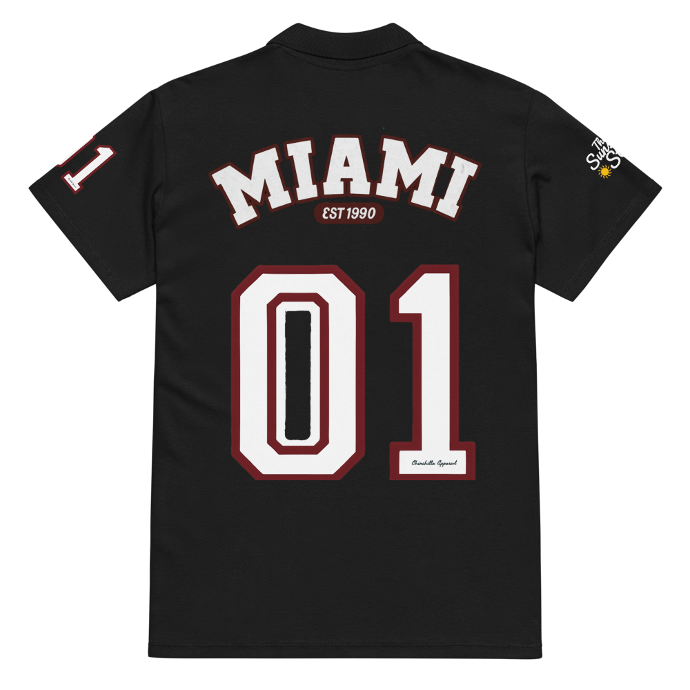 Black shirt with 'MIAMI EST 1990' and '01' printed on the back
